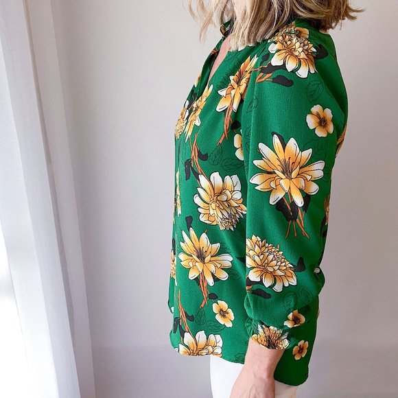 emerald green and yellow flower blouse - Picture 3 of 15